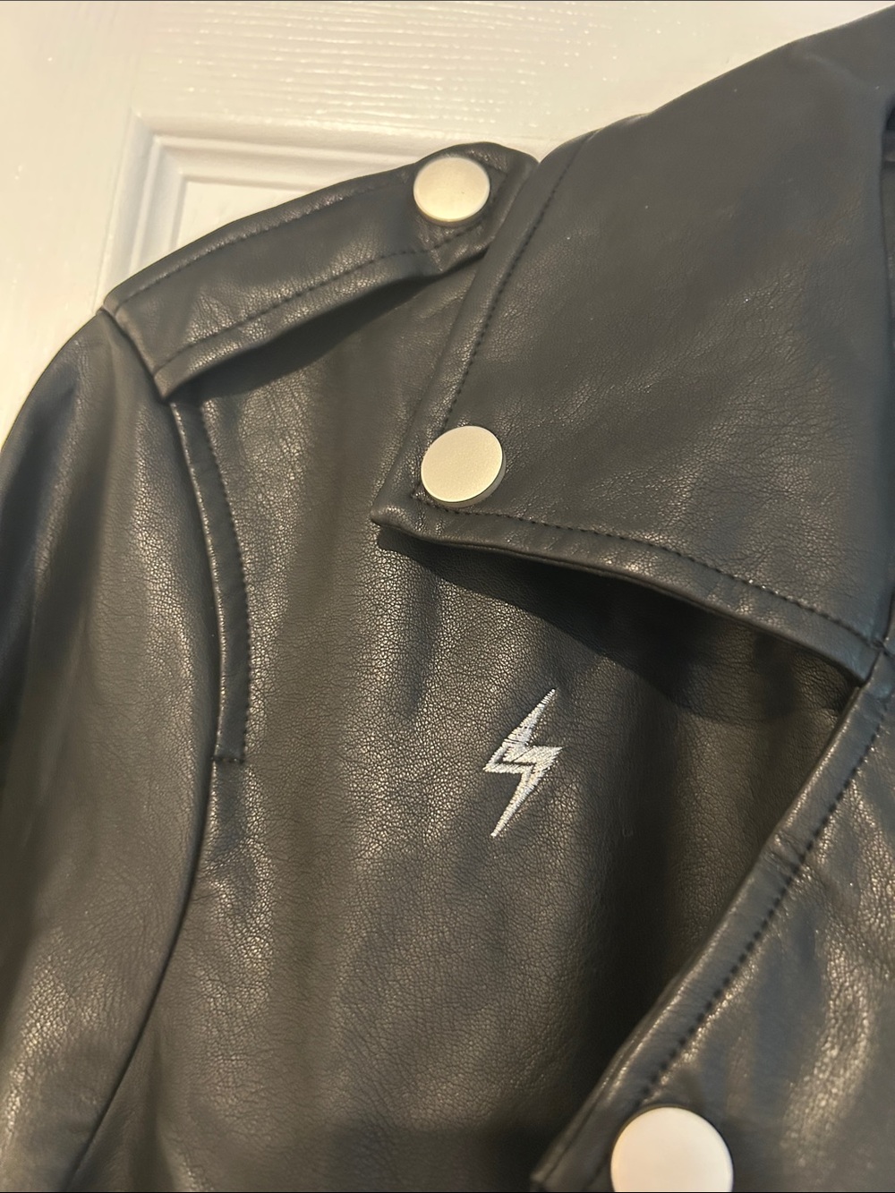 Black Faux Leather Moto Jacket with Lightning Bolt Embroidery - Picture 5 of 6